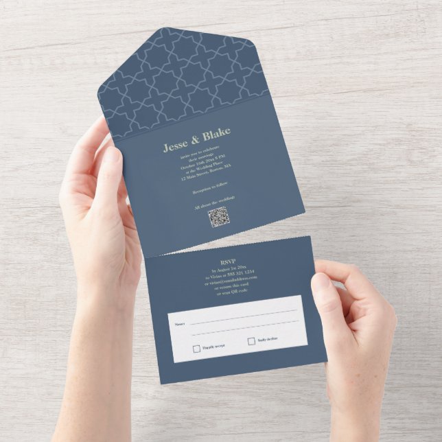 Blaue Hochzeit mit Gittermuster All In One Einladung (Abreißen)