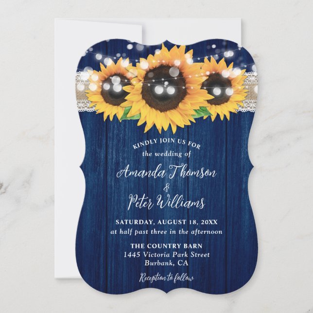 Blaue Hochzeit mit Sonnenblumen Einladung (Vorderseite)