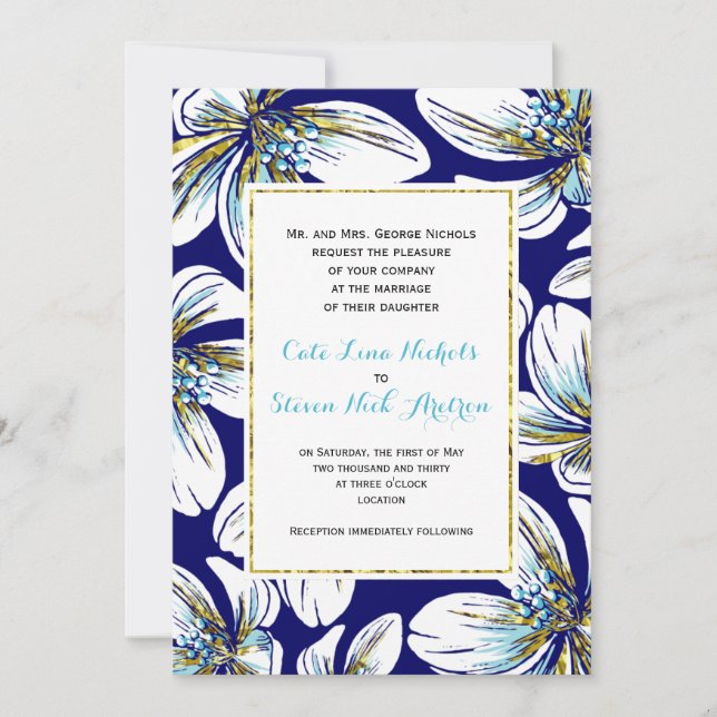 Blaue Hochzeit mit weißer, aquatischer, goldfarben Einladung (Vorderseite)