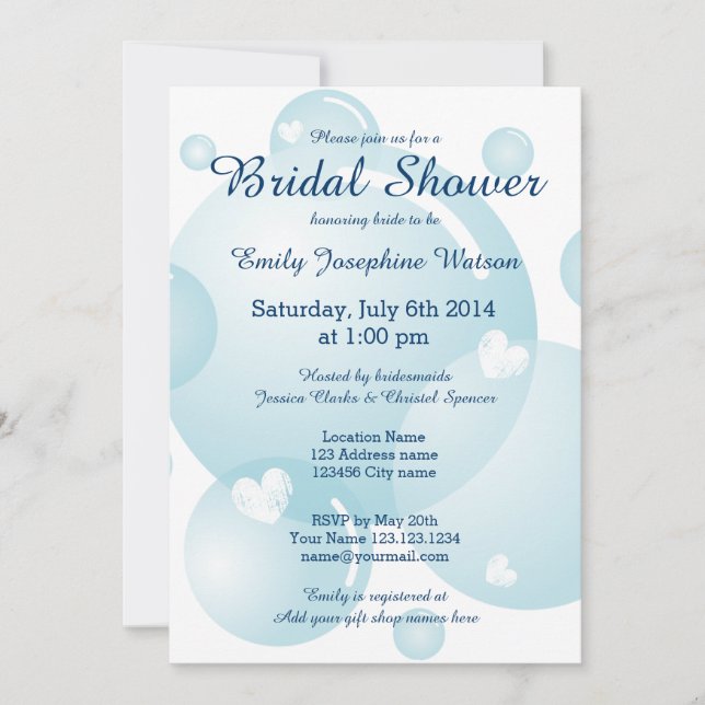Blaue Hochzeit sprudelt Brautpartyeinladungen Einladung (Vorderseite)