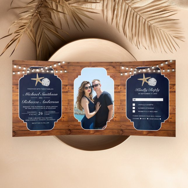Blaue Hochzeit von Blauem Seesterne Sand Dollar Be Dreifach Gefaltete Einladung (Von Creator hochgeladen)