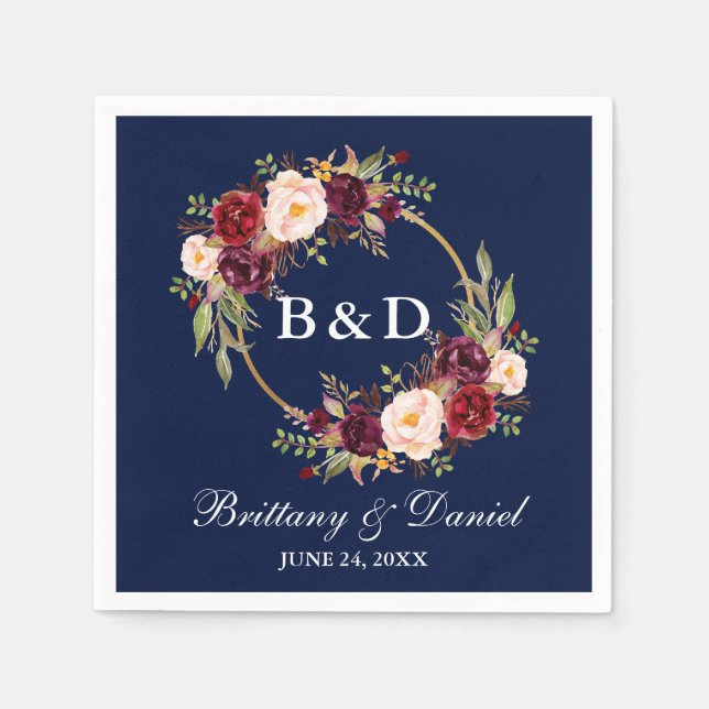 Blaue Hochzeit von Burgundy Floral Wreath Monogram Serviette (Vorderseite)