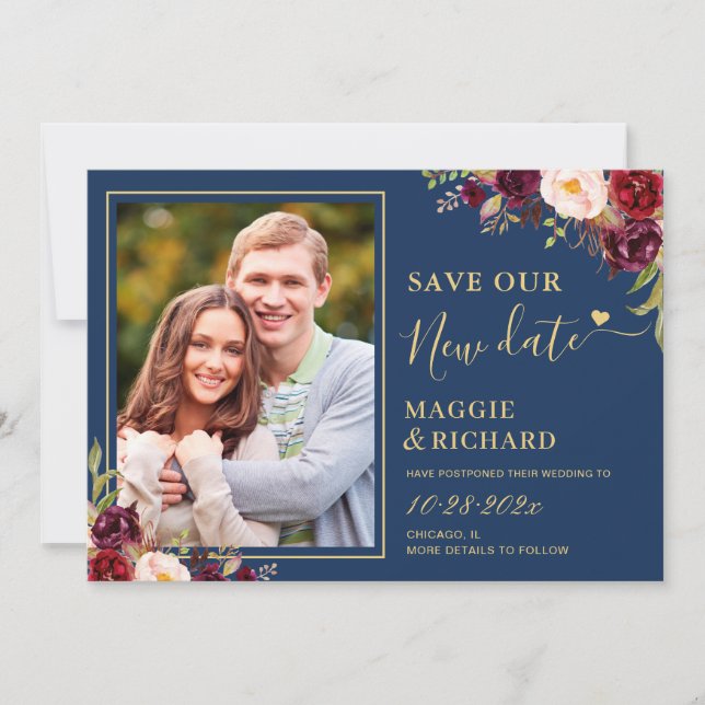 Blaue Hochzeit von Burgundy Red Floral Navy Save The Date (Vorderseite)