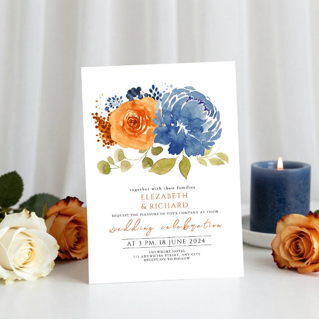 Blaue Hochzeit von Navy Burnt Orange Terracotta Einladung (Von Creator hochgeladen)