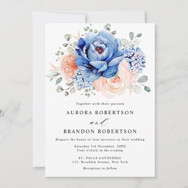 Blaue Hochzeit von Navy Slate Dusty Blush Pink Flo Einladung (Vorderseite)