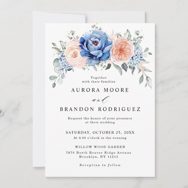 Blaue Hochzeit von Navy Slate Dusty Blush Pink Flo Einladung (Vorderseite)