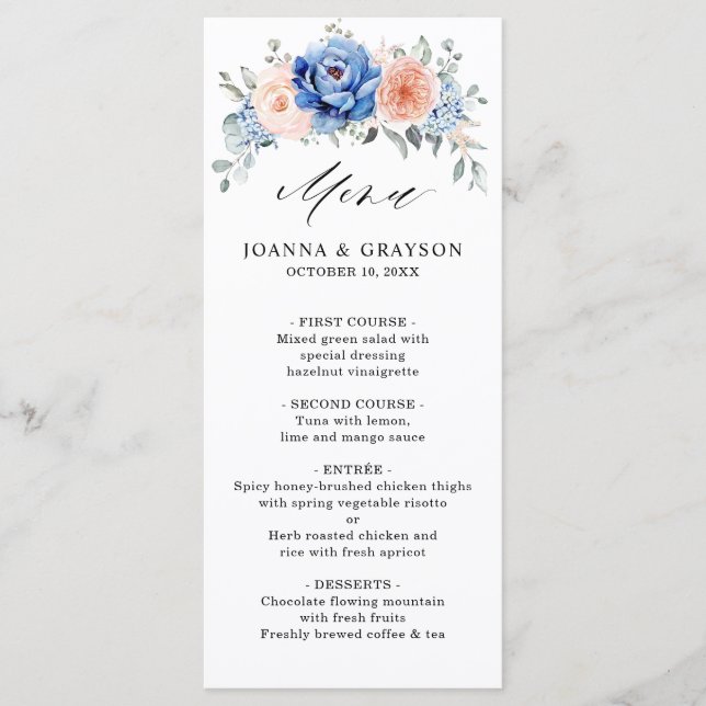 Blaue Hochzeit von Navy Slate Dusty Blush Pink Flo Menükarte (Vorderseite)
