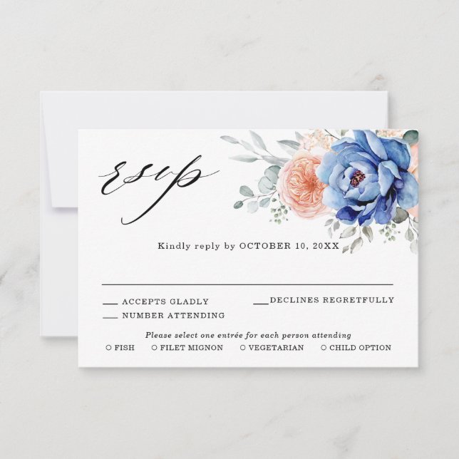 Blaue Hochzeit von Navy Slate Dusty Blush Pink Flo RSVP Karte (Vorderseite)