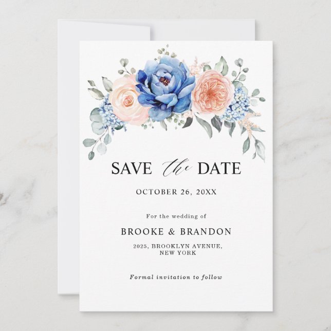 Blaue Hochzeit von Navy Slate Dusty Blush Pink Flo Save The Date (Vorderseite)