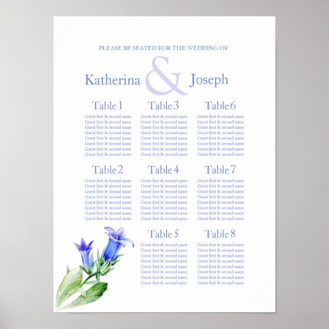 blaue Hochzeits-Sitzplan-Tabelle 1-8 Poster (Vorne)