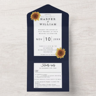 Blaue Hochzeitshülle für Sonnenblumen All In One Einladung