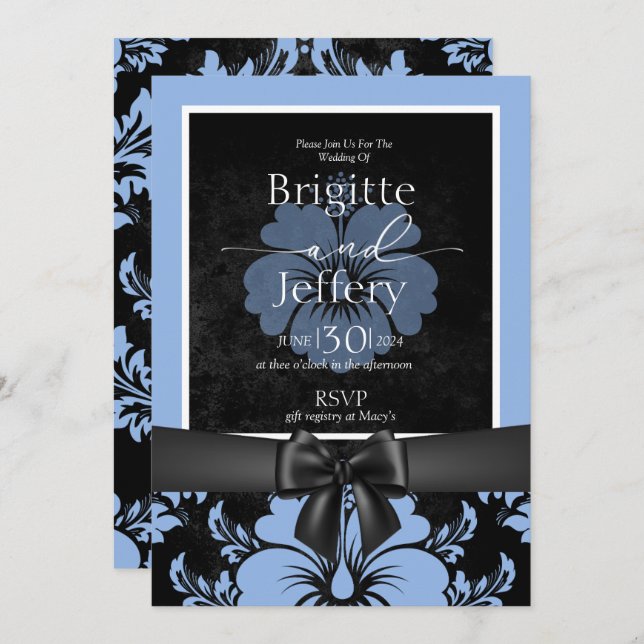 Blaue Hochzeitskalligraphie Einladung (Vorne/Hinten)