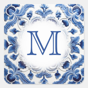 Blaue Hochzeitsmonogramm Quadratischer Aufkleber