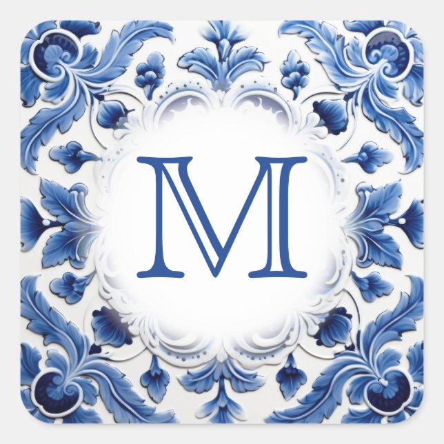 Blaue Hochzeitsmonogramm Quadratischer Aufkleber (Vorderseite)