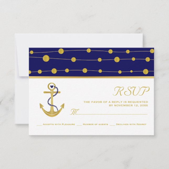 Blaue Hochzeitsnacht mit Goldanker & Perlen RSVP Karte (Vorderseite)