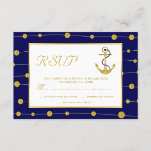 Blaue Hochzeitsnacht mit Goldanker & Perlen RSVP Karte