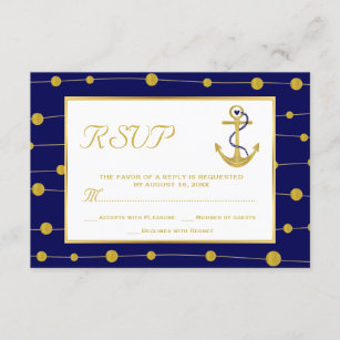 Blaue Hochzeitsnacht mit Goldanker & Perlen RSVP Karte