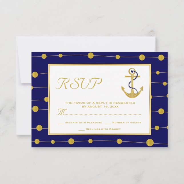 Blaue Hochzeitsnacht mit Goldanker & Perlen RSVP Karte (Vorderseite)