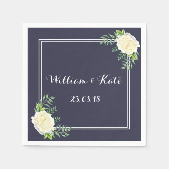 Blaue Hochzeitsnapkins von Ivory Chic Rose Serviette (Vorderseite)
