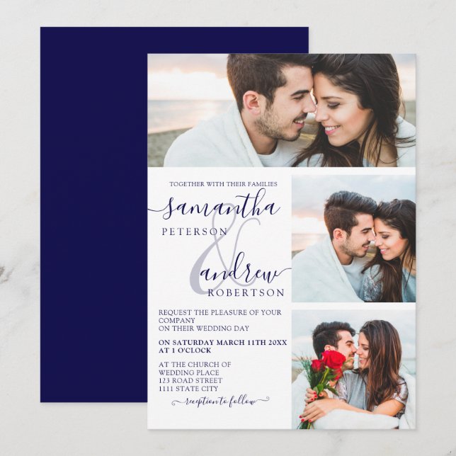 Blaue Hochzeitsschrift für 3 Fotos Einladung (Vorne/Hinten)