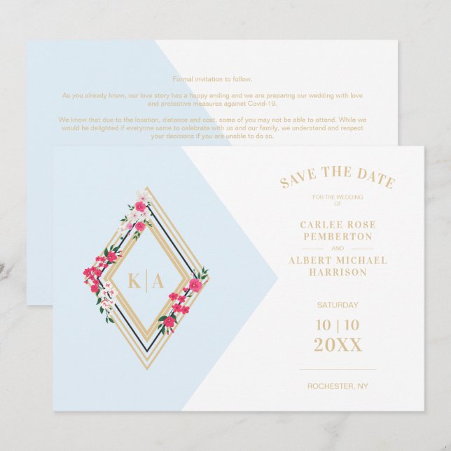 Blaue Hochzeitstile florale Diamantform Save The Date (Vorne/Hinten)