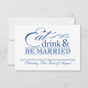 Blaue Hochzeitszusage Essen Trinken und Heiraten RSVP Karte