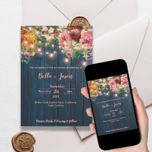 Blaue Holz-Blumen-Lichterkette Rustikale Hochzeit Einladung