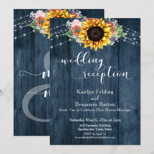 Blaue Holz-Sonnenblumen-Lichter Hochzeitsempfang Einladung
