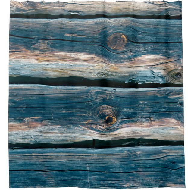 Blaue Holzmauer. Abstrakter Hintergrund und Duschvorhang (Vorderseite)
