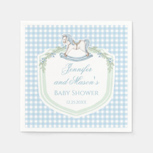 Blaue Holzpferd-Gingham-Wappen-Baby-Jungen-Party Serviette