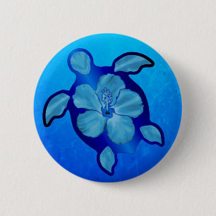 Blaue Honu Schildkröte und Hibiskus Button