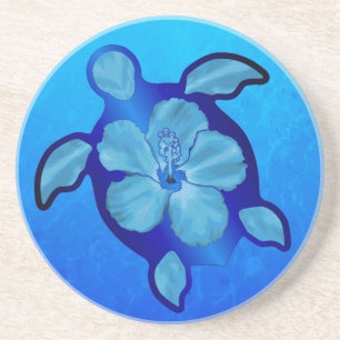 Blaue Honu Schildkröte und Hibiskus Sandstein Untersetzer
