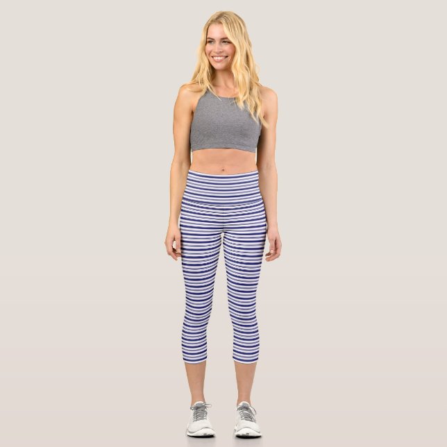 Blaue horizontale Streifen Capri Leggings (Vorderseite)