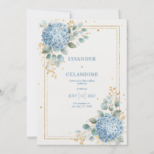 Blaue Hortensie Eukalyptus Goldfolie Elegant Einladung