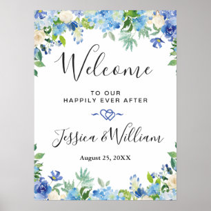 Blaue Hortensie  Grüne Chic Hochzeit Willkommen Poster