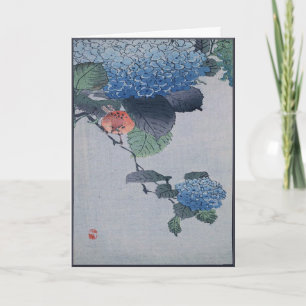 Blaue Hortensie Japanischer Holzschnitt mit Vers Karte