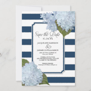 Blaue Hortensie - Save the Date - Breite gestreift Einladung