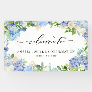 Blaue Hortensie und Elfenbein-Rose Konfirmation Banner