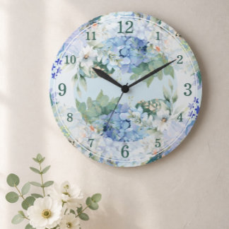 Blaue Hortensie und florale Wasserfarbe Wanduhr
