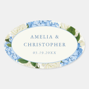 Blaue Hortensie Weiße Rose Klassische Hochzeit Ovaler Aufkleber