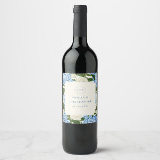 Blaue Hortensie Weiße Rose Klassische Hochzeit Weinetikett