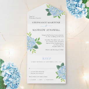 Blaue Hortensien Aquarell Florale Hochzeit All In One Einladung