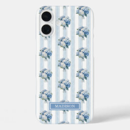 Blaue Hortensien auf Streifen iPhone 16 Plus Hülle