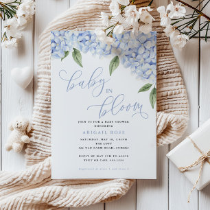 Blaue Hortensien-Baby-in-Blüte-Babyparty Einladung