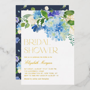 Blaue Hortensien-Blumen-Braut-Party in Aquarell Folieneinladung