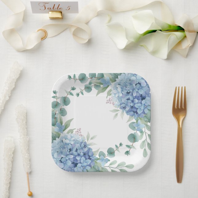 Blaue Hortensien-Blumen-Braut-Shower Pappteller (Hochzeit)