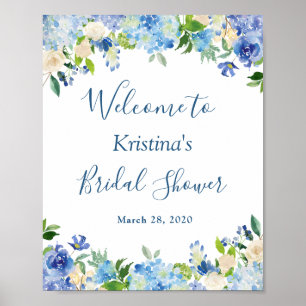 Blaue Hortensien-Blumen Chic Brautparty-Schild Poster