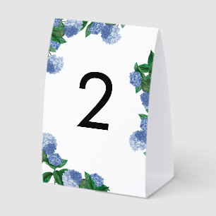 Blaue Hortensien-Blumen-Grün-Moderne Hochzeit Tischaufsteller