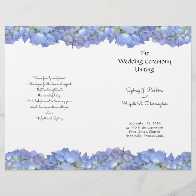 Blaue Hortensien-Blumen Hochzeitsprogramm-Vorlage (Vorderseite)