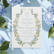 Blaue Hortensien-Blumen-Monogramm-Wappen-Hochzeit